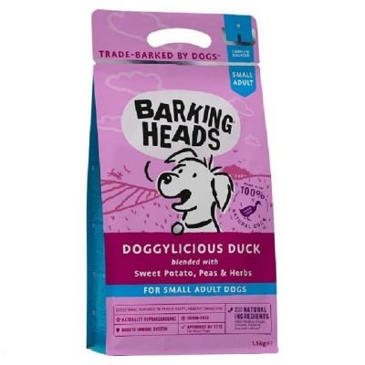 Barking Heads είναι 100% πλήρης διατροφή παρασκευασμένη με επιλεγμένα ποιοτικά συστατικά, χωρίς σιτηρά, με πάπια και πέστροφα,για ενήλικους σκύλους μικρού μεγέθους
