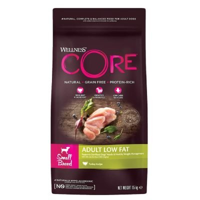 Wellness Core Adult Low Fat Γαλοπούλα Small Breed. Ιδανική για μικρόσωμους ενήλικους σκύλους που ζυγίζουν λιγότερο από 12kg.