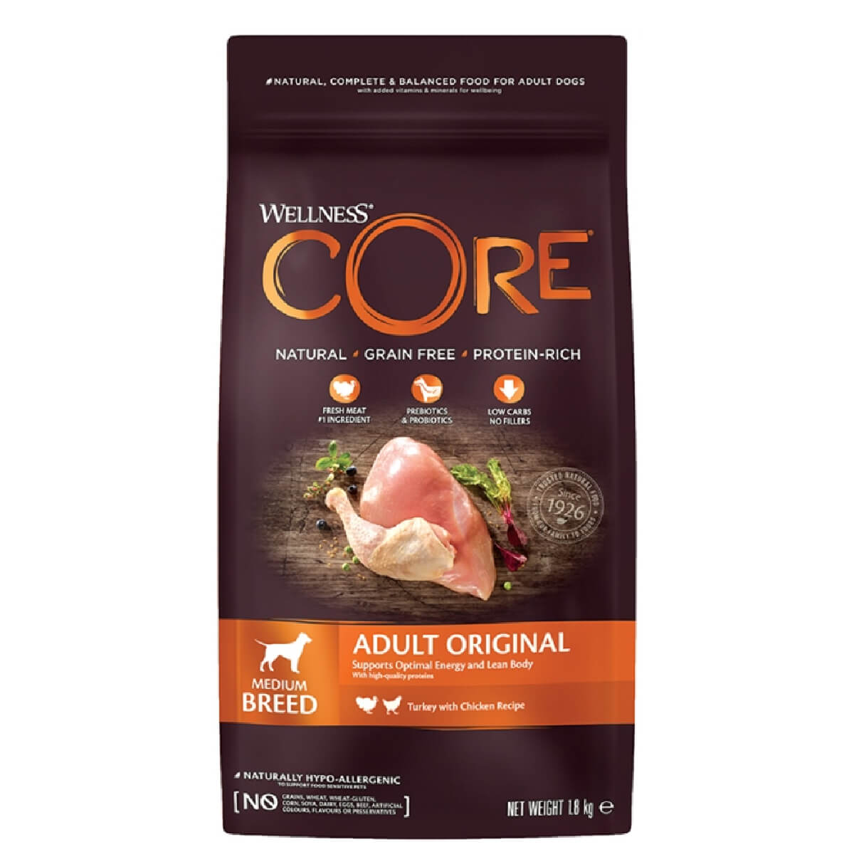 wellness-core-adult-original-galopoula-kotopoulo-chicken-turkey-medium-breed Ολοκληρωμένη τροφή, χωρίς σιτηρά και πλούσια σε πρωτεΐνες κατάλληλη για ενήλικους σκύλους άνω του 1 έτους ανεξαρτήτου μεγέθους και φυλής.