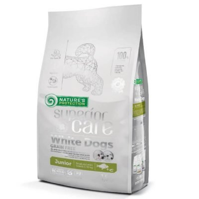 White Dogs, Grain Free, Junior, Small Mini Fish. Πλήρης Ζωοτροφή χωρίς σιτηρά για κουτάβια μικρόσωμων φυλών με λευκό τρίχωμα 3 έως 12 μηνών, βάρους 1-10kg, με ψάρι.