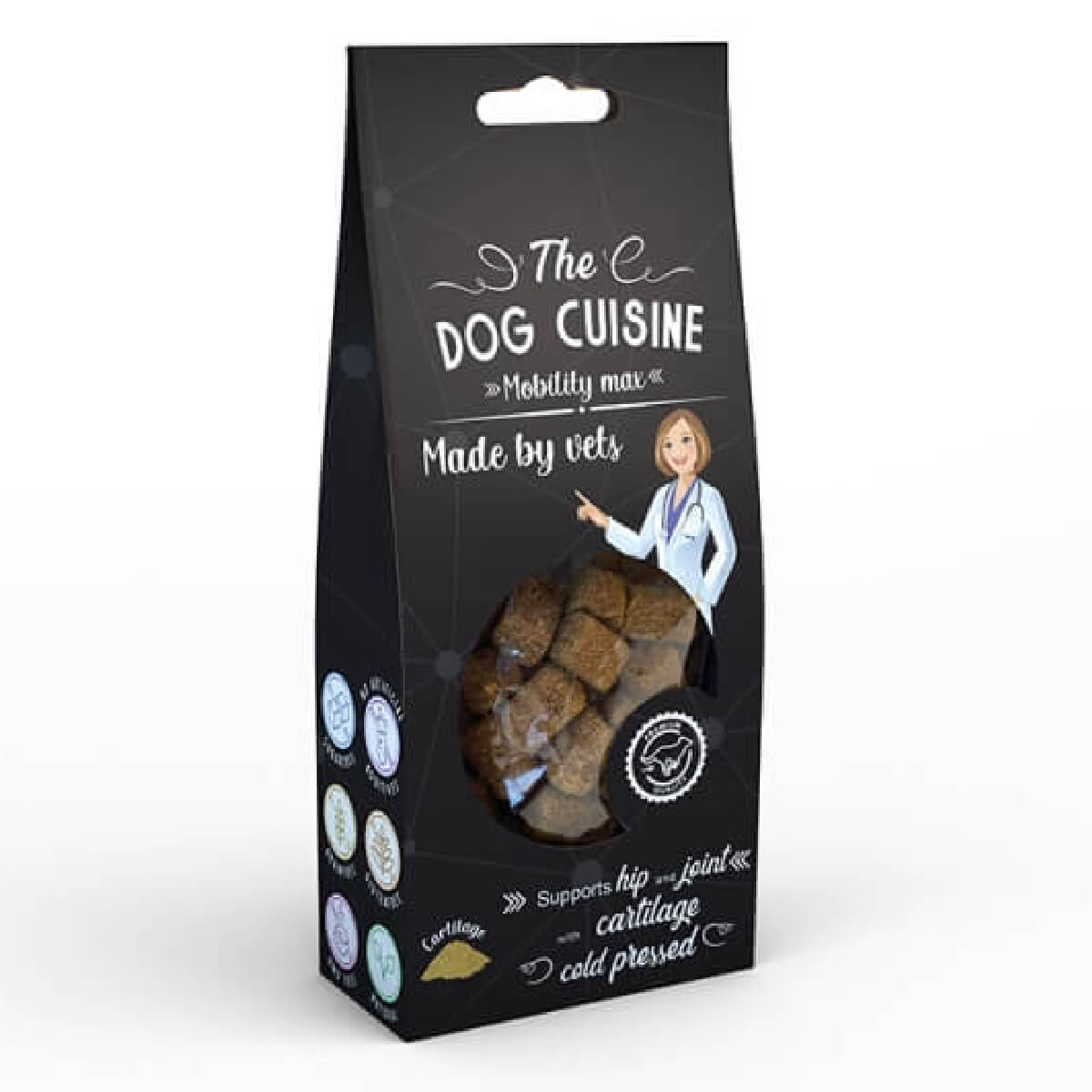 dog-cuisine-mobility-max (1) Λιχουδιές από αγνά, φυσικά συστατικά που παράγονται με υψηλής ποιότητας τεχνική ψυχρής συμπίεσης που διατηρεί όλες τις βιταμίνες, τα μέταλλα & ιχνοστοιχεία. Ιδανική σειρά με συγκεκριμένα οφέλη για τον σκύλο σας. Dog Cuisine Mobility max