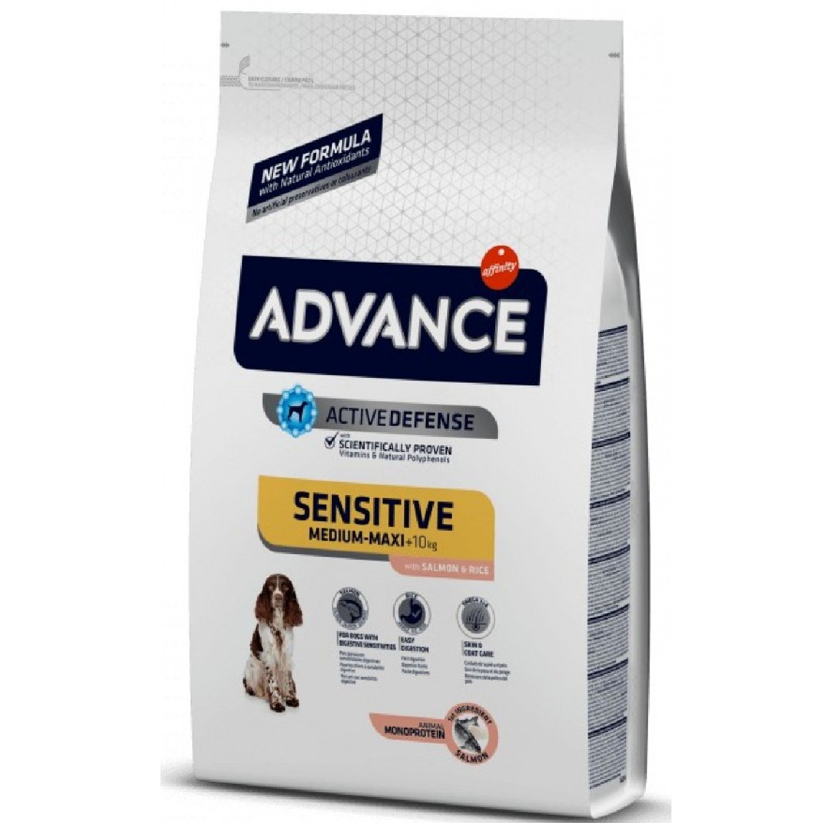 advance-sensitive-medium-maxi Το ADVANCE Sensitive Mini παρασκευάζεται με μια συνταγή βασισμένη σε σολομό και ρύζι, με βιταμίνες και μέταλλα για να προσφέρει στον σκύλο σας πλήρη και ισορροπημένη τροφή.