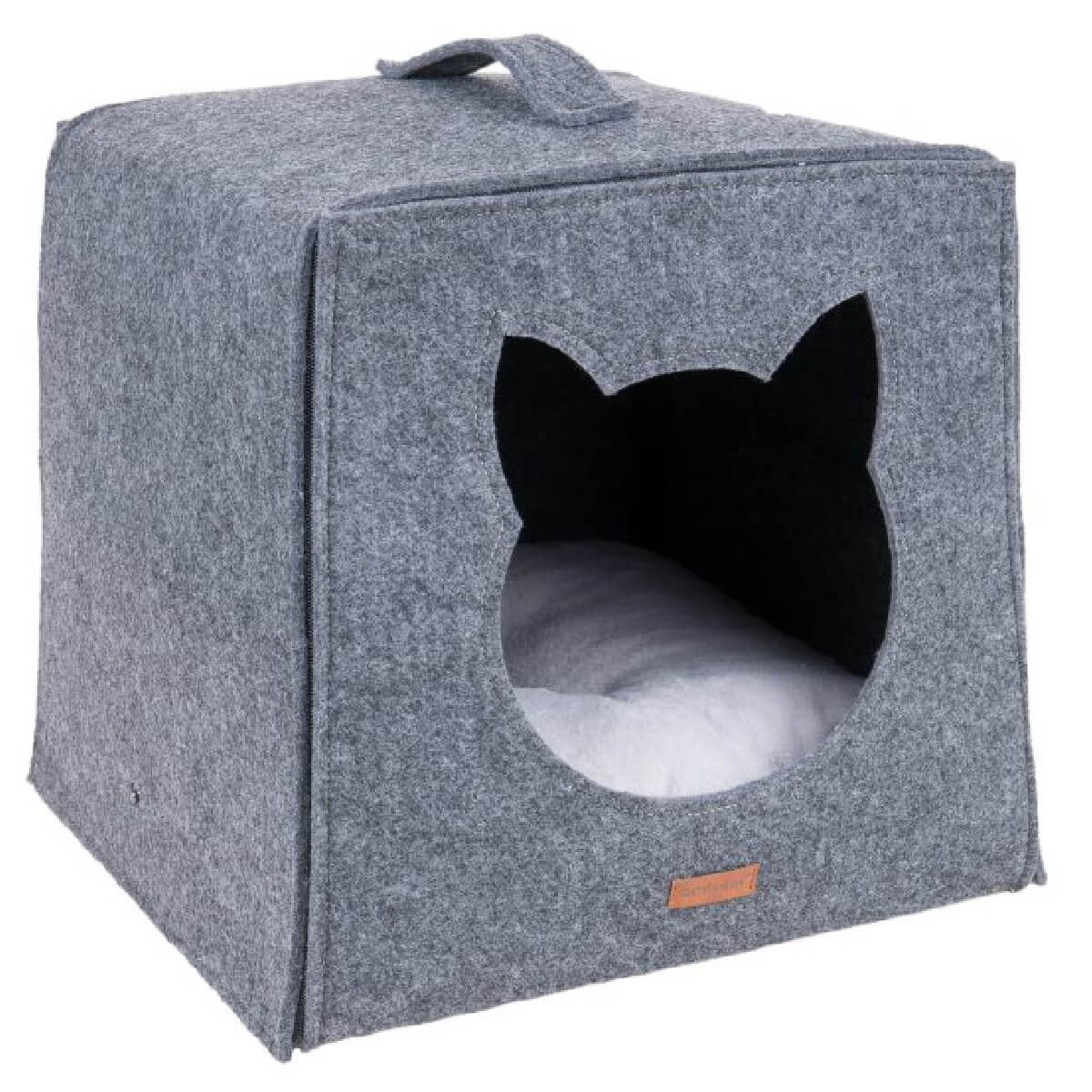 amiplay-press-cat-cube-2in1 Κυβος -κρεβατάκι γάτας 2 σε 1 απο την Amiplay.Μπορεί να χρησιμοποιηθεί ως φωλια και ώς κρεβατι αν διπλωθεί. Γκρι μαλακη οικολογική τσόχα