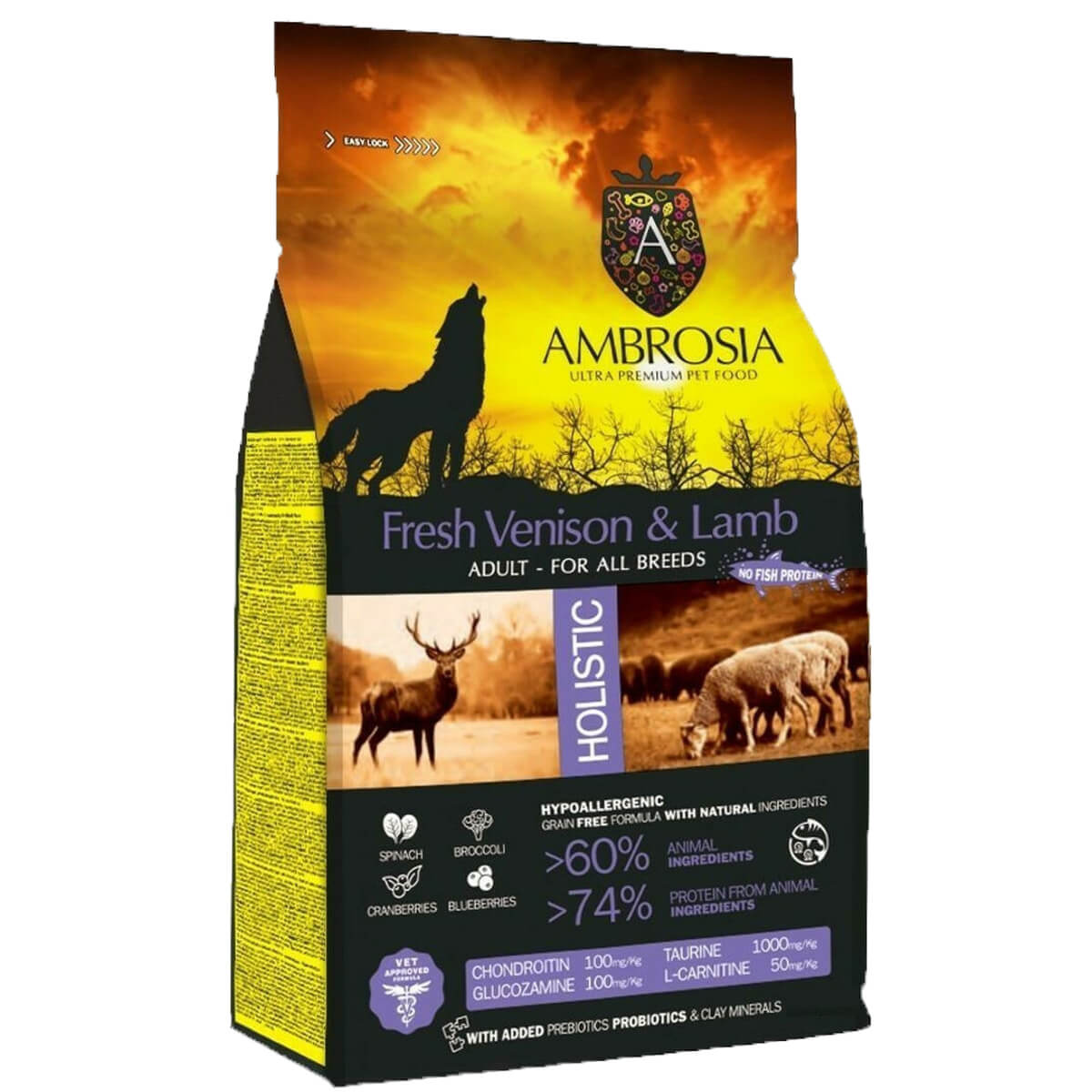 ambrosia-adult-venison-lamb-elafi-arni-trofi-skulou-enilikous-skulous Ολοκληρωμένη υποαλλεργική, πλούσια σε Ωμέγα 3 και Ωμέγα 6 έλαια, γεμάτα αντιοξειδωτικά τροφή Ambrosia, χωρίς σιτηρά με Ελάφι και Αρνί για ενήλικους σκύλους.