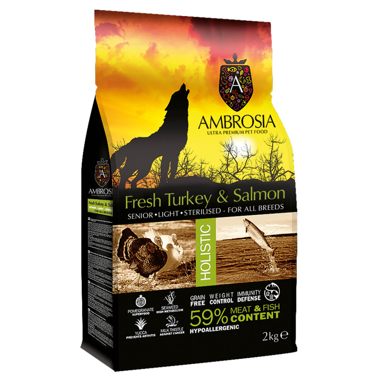ambrosia-grain-free-senior-light-sterilised-turkey-salmon-liga-lipara-galopoula-solomos-trofi-skulou Ολοκληρωμένη υποαλλεργική, πλούσια σε Ωμέγα 3 και Ωμέγα 6 έλαια, γεμάτα αντιοξειδωτικά τροφή Ambrosia, χωρίς σιτηρά με Γαλοπούλα και Σολωμο για για υπερήλικους, υπέρβαρους και στειρωμένους σκύλους