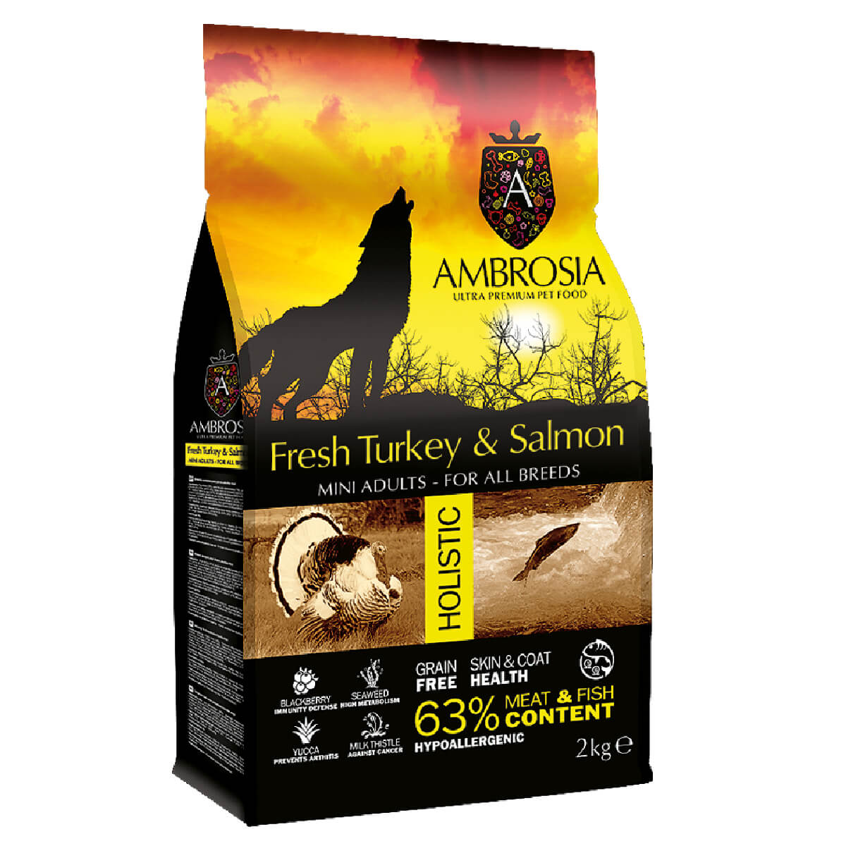 ambrosia-adult-turkey-fresh-salmon-galopoula-solomo-grain-free-holistic Ολοκληρωμένη υποαλλεργική, πλούσια σε Ωμέγα 3 και Ωμέγα 6 έλαια, γεμάτα αντιοξειδωτικά τροφή Ambrosia, χωρίς σιτηρά με Γαλοπούλα και Φρέσκο Σολωμό για ενήλικους σκύλους μικρόσωμων φυλών.