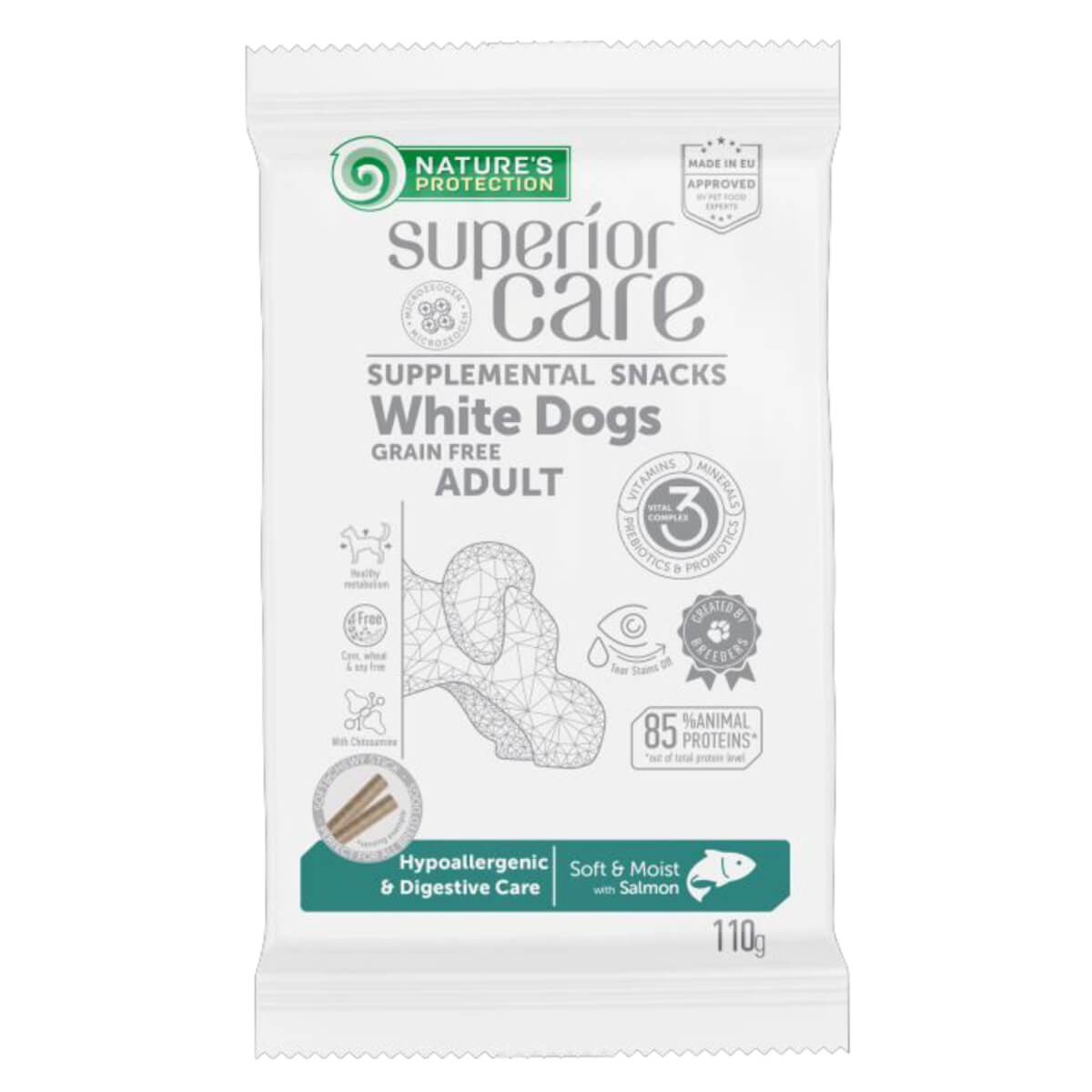 natures-protection-white-dog-hypoallergenic-digestive-care Συμπλήρωμα διατροφής-λιχουδιά χωρίς δημητριακά απο Nature's Protection με περιεκτικότητα σε προβιοτικά και πρεβιοτικά βοηθά στη διασφάλιση της σωστής ισορροπίας των βακτηρίων του εντέρου, υγιούς πεπτικού συστήματοςκαι της ομαλής πεπτικής διαδικασίας.