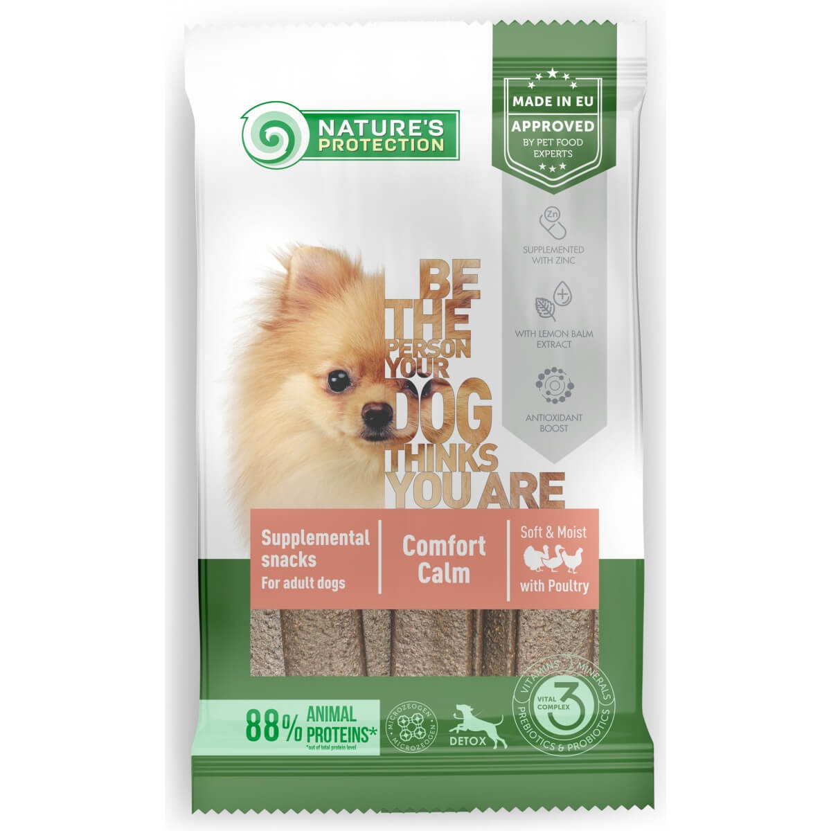 natures-protection-treat-comfort-calm-for-adult-dogs-lixoudia-gia-enhlikes-skylous-me-poulerika-poultry Premium Λιχουδιά απο την Nature's Protection, Comfort Calm με κρεας Πουλερικών, είναι ειδικά σχεδιασμένα για να ενισχύουν το ανοσοποιητικό σύστημα των σκύλων και να διατηρούν υγιές τρίχωμα και δέρμα.