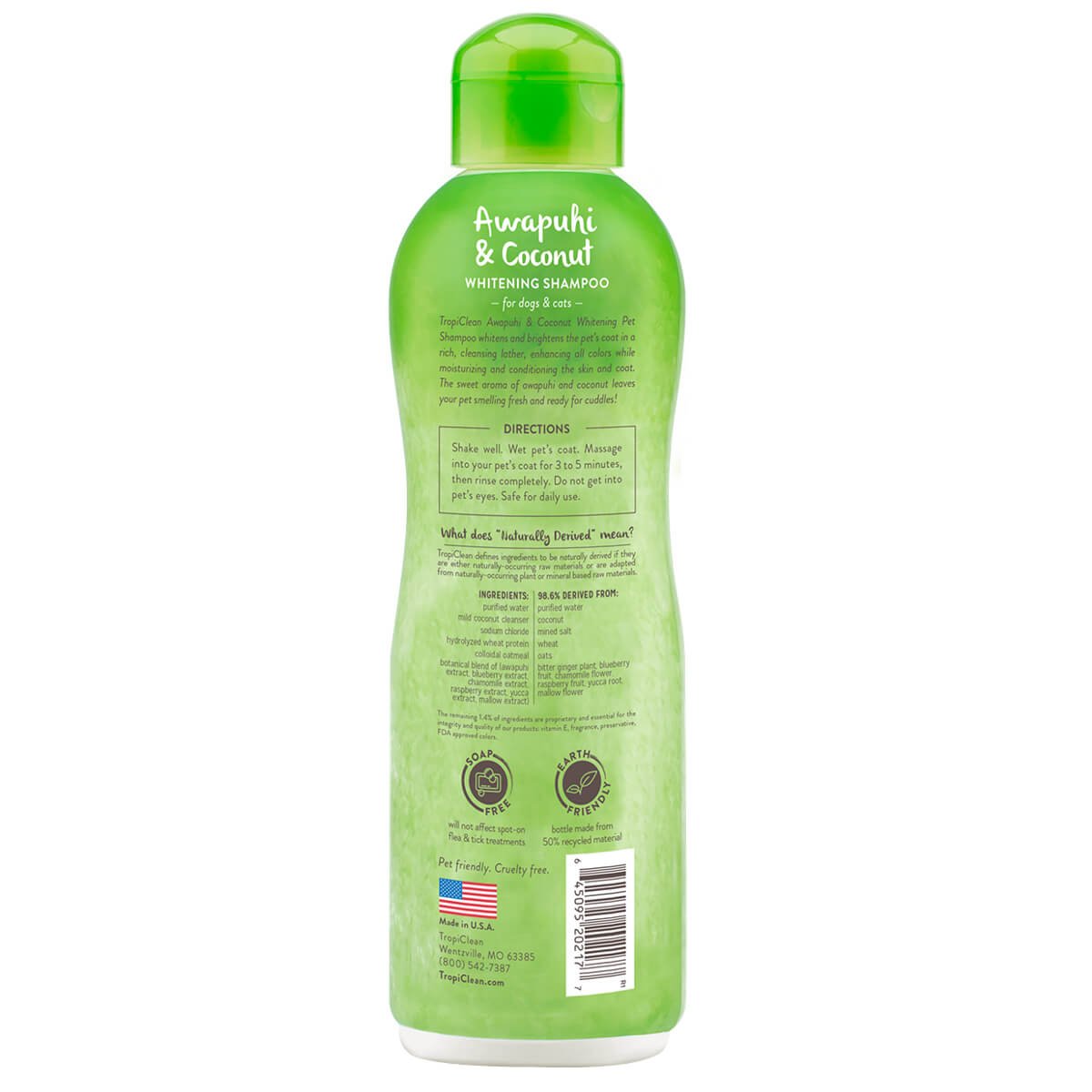 tropiclean-awapuhi-and-coconut-whitening-shampoo-for-dogs-cats-lefkantiko-sampouan-gia-skylous-kai-gates-back-label Το Awapuhi & Coconut White Shampoo από την TropiClean, σαμπουάν με awapuhi και καρύδα ενισχύει και τονίζει το λευκό τρίχωμα. Καθαρίζει απαλά κάνοντας πιο λευκό και γυαλιστερό το τρίχωμα του κατοικίδιου. Κατάλληλο για σκύλους και γάτες για 12 εβδομάδων και άνω.Οπίσθια φωτό από το μπουκάλι με οδηγίες και χαρακτηριστικά