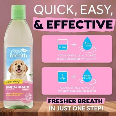 Πρόσθετου Νερού από την Tropiclean – Dental Health Solution For Puppies για στοματική υγεία καθώ λειτουργεί σαν άμυνα κατά της πλάκας και της πέτρας και διατηρεί δροσερή αναπνοή έως 12 ώρες. Ειδικά σχεδιασμένο για κουτάβια άνω των 16 εβδομάδων. Βάρος/ Συσκευασία 473ml-Οδηγίες Χρήσης