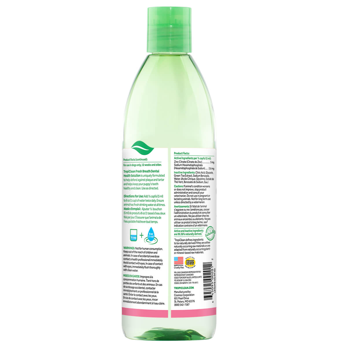 tropiclean-dental-fresh-breath-puppy-odontiki-prostasia-koutaviou-prosttheto-nerou-katapolemisi-plakas-petras-opisthia-etiketa-back-label Πρόσθετου Νερού από την Tropiclean – Dental Health Solution For Puppies για στοματική υγεία καθώ λειτουργεί σαν άμυνα κατά της πλάκας και της πέτρας και διατηρεί δροσερή αναπνοή έως 12 ώρες. Ειδικά σχεδιασμένο για κουτάβια άνω των 16 εβδομάδων. Βάρος/ Συσκευασία 473ml Οπίσθια ετικέτα με οδηγίες χρήσης και χαρακτηριστικά.