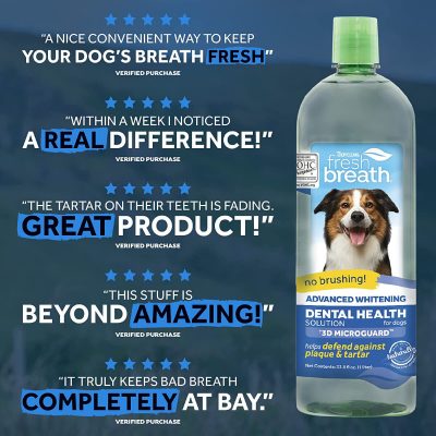 Πρόσθετου Νερού από την Tropiclean, - Dental Health Solution Advanced Whitening,για στοματική υγεία και δροσερή αναπνοή. Με τεχνολογία 3D MICROGUARD, διαλύει, καταστρέφει και αμύνεται κατά της πλάκας.Ετικέτα προϊόντος με χαρακτηριστικά