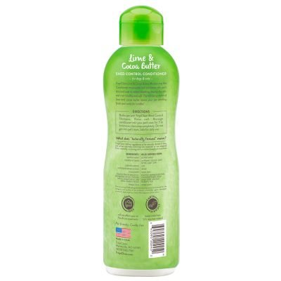Το Lime & Coconut Shed Control  TropiClean, με  λάιμ και καρύδα, περίεχει Ωμέγα 3 και Ωμέγα 6,απολεπίζει και ενυδατώνει το δέρμα του κατοικίδιου ζώου σας, τρέφει το δέρμα, μειώνει την τριχόπτωση και τους κόμπους διευκολύνοντας στο ξεμπέρδεμα ενώ ταυτόχρονα χαρίζει βαθύ καθαρισμό. Πίσω ετικέτα μπουκαλιού με οδηγίες και χαρακτηριστικά