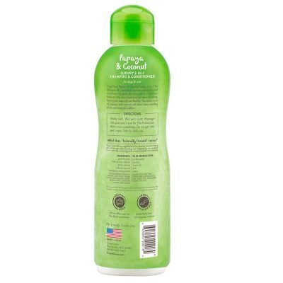 Το LUXURIOUS 2-IN-1 SHAMPOO & CONDITIONER  από την TropiClean με Papaya & Coconut καθαρίζει, ενυδατώνει και το τρίχωμα του κατοικίδιου ζώου σας αναδεικνύοντας την φυσική γυαλάδα και μειώνοντας το «κιτρίνισμα». Κατάλληλο για σκύλους και γάτες για 12 εβδομάδων και άνω. Πίσω ετικέτα μπουκαλιού με οδηγίες και χαρακτηριστικά