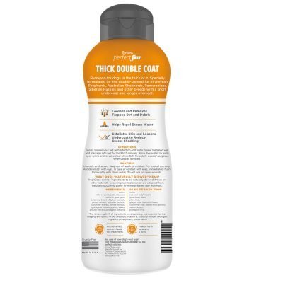 Σαμπουάν απο την εταιρεία Tropiclean / Thick Double Coat 473ml Είναι ειδικά σχεδιασμένο για σκύλους με διπλό μανδύα, εσωτερικό κοντότριχο και εξωτερικό μακρύτριχο.Στεγνώνει γρήγορα.Κατάλληλο για φυλές όπως τα German και Australian Shepherds, Pomeranians, Siberian Huskies και άλλες με μακρύ τρίχωμα στα αυτιά, την ουρά και τα πόδια και κοντύτερο διπλό μανδύα στο υπόλοιπο σώμα.Πισω μερος μπουκαλιου με χαρακτηριστικά και οδηγιες