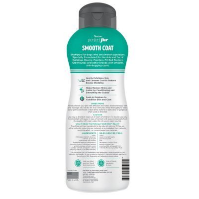 Σαμπουάν απο την εταιρεία Tropiclean /Smooth Coat Shampoo 473ml Είναι ειδικά σχεδιασμένο για σκύλους με λείο τρίχωμα και πτυχές στο δέρμα.Κατάλληλο για φυλές όπως τα Bulldogs, Boxers, Pointers, Pit Bull Terriers, Greyhounds, κλπ Πίσω μέρος ετικέτας.