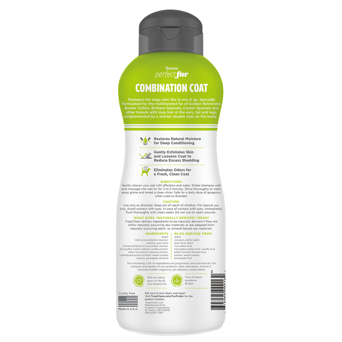 tropiclean-pruduct-packaging-combination-coat-sindiasmo-trixomatos-back Σαμπουάν απο την εταιρεία Tropiclean / Combination Coat 473ml Είναι ειδικά σχεδιασμένο για σκύλους με συνδυασμό τριχώματος.Κατάλληλο για φυλές όπως τα Golden Retrievers, τα Border Collies, τα Cocker Spaniels και άλλες με μακρύ τρίχωμα στα αυτιά, την ουρά και τα πόδια και κοντύτερο διπλό μανδύα στο υπόλοιπο σώμα.Πίσω μέρος μπουκαλού με συστατικά και οδηγίες.