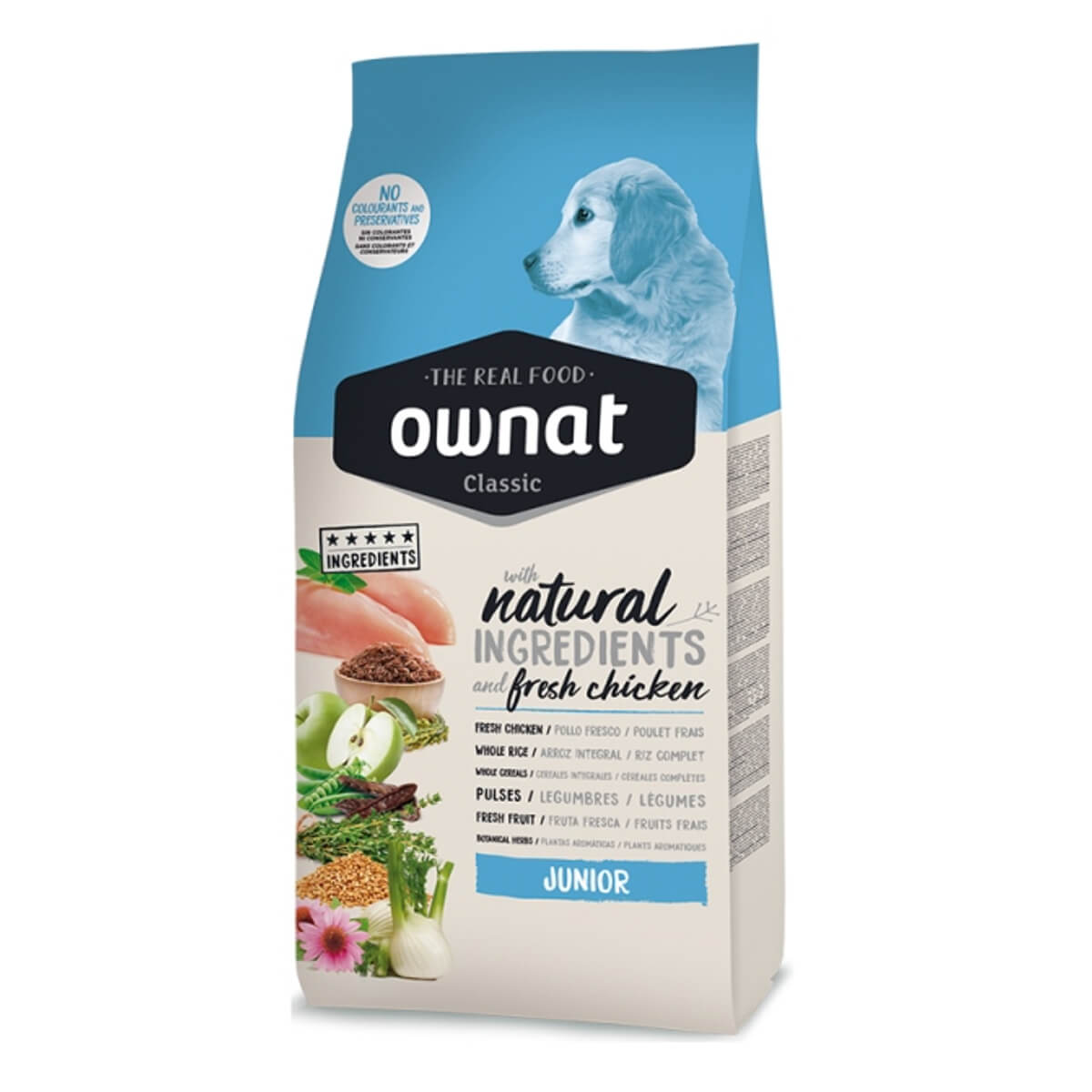 71p122-ownat-classic-dog-junior Κατάλληλο για δυνατά, υγιή και γεμάτα ενέργεια κουτάβια όλων των φυλών, από τον απογαλακτισμό έως την ενηλικίωσή τους. Με υψηλά επίπεδα ενέργειας, υψηλής ποιότητας πρωτεΐνη και εμπλουτισμένη με ασβέστιο και βιταμίνη Ε που προάγουν τη σωστή ανάπτυξη των μυών, της δομής των οστών και την ενίσχυση του ανοσοποιητικού συστήματος.