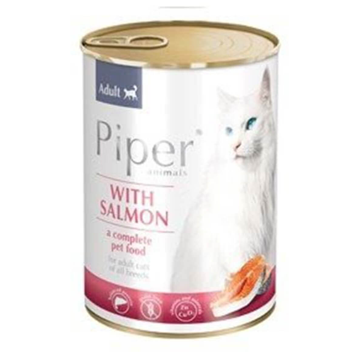 75301-piper-cat-adult-salmon-konserva-ygri-trofi-enhlikis-gatas-solomos Μια ολοκληρωμένη υγρή τροφή από την εταιρεία Piper για την ενήλικη γάτα με Σολομό, καλύπτει τις καθημερινές διατροφικές ανάγκες σε μέταλλα και βιταμίνες ανάλογα με τη σωματική και φυσική τους δραστηριότητα.Συσκευασία κονσέρβα