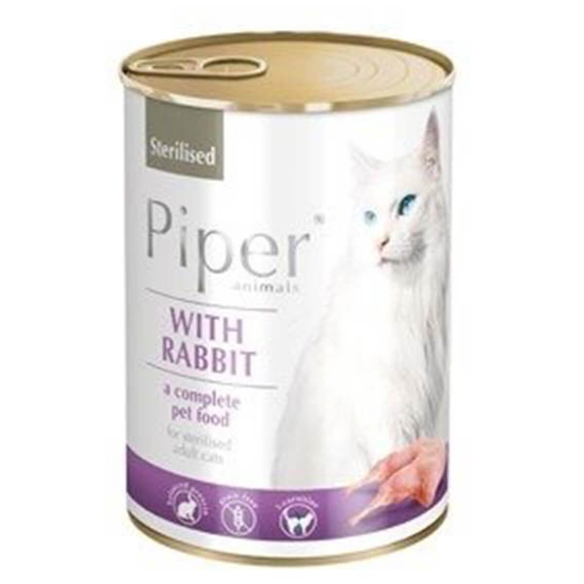 75302-piper-cat-adult-sterillized-rabbit-konserva-ygri-trofi-enhlikis-steiromenhs-gatas-kouneli Μια ολοκληρωμένη υγρή τροφή από την εταιρεία Piper για την ενήλικη στειρωμένη γάτα με Κουνέλι, καλύπτει τις καθημερινές διατροφικές ανάγκες σε μέταλλα και βιταμίνες ανάλογα με τη σωματική και φυσική τους δραστηριότητα.Συσκευασία Κονσέρβα