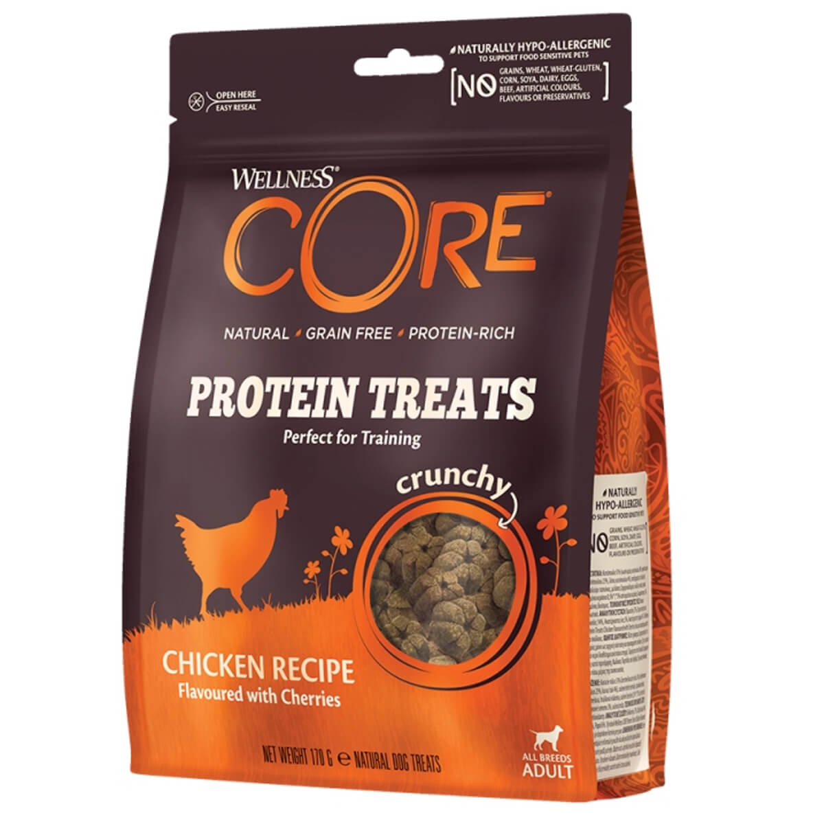 7873120-core-protein-treats-bits-adult-dog-chicken-cherries-lixoudia-skylou-kotopoulo-kerasia-enhlikous-skylous Τραγανές μπουκιές πρωτεΐνης απο την εταιρεία Wellness-Core, χωρίς σιτηρά και γλουτένη.Κατάλληλες για την εκπαίδευση του ενήλικου σκύλου σας.