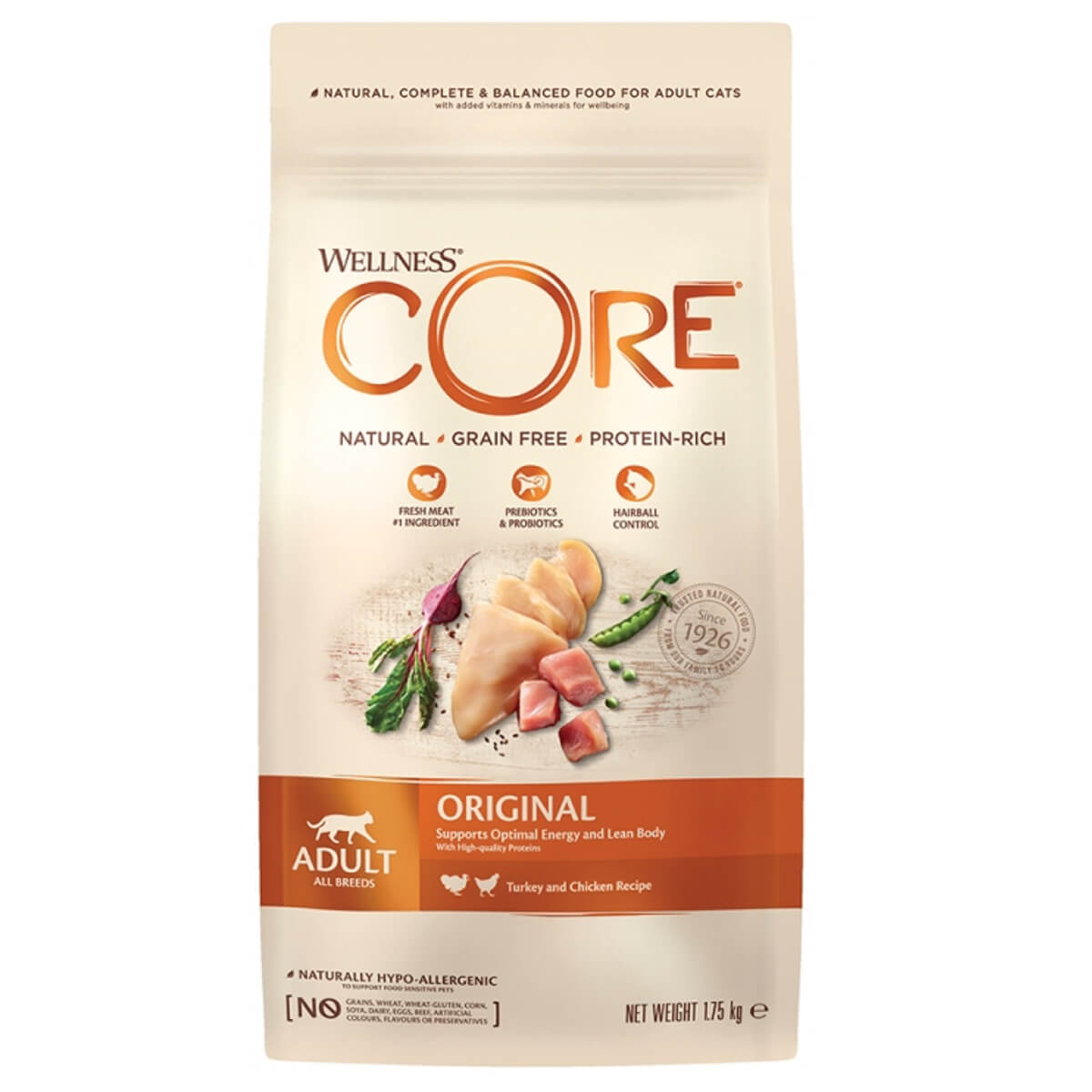 7880211-212-core-original-adult-cat-food-turkey-chicken-trofi-enhlikhs-gatas-galopoula-kotopoulo Ολιστική Ξηρά Τροφή ειδικά σχεδιασμένη με πλούσια σε πρωτεΐνες, χωρίς σιτηρά, για όλες τιςενήλικες γάτες από την εταιρεία Wellness Core Original Γαλοπούλα & Κοτόπουλο.