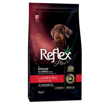 Πλήρης τροφή από την εταιρεία Reflex Plus, για Junior/κουτάβια μεσαίου/ μεγάλου μεγέθους φυλών με Αρνί και ρύζι. Medium/Large Breed 