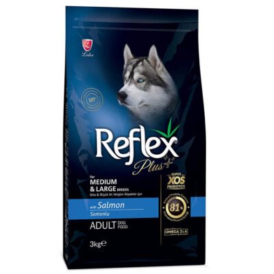 Πλήρης τροφή από την εταιρεία Reflex Plus, για ενήλικους σκύλους μεσαίου/ μεγάλου μεγέθους φυλών με Σολομός και ρύζι. Medium/Large Breed 